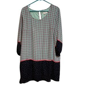 Umgee Teal Pink Navy Long Sleeve Mini Shift Dress Boatneck XL Boho Lagenlook